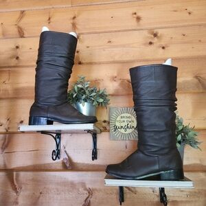 Classique Vintage Brown Leather Slouch Tall Riding Heeled Boots Pull On Sz 6.5 M